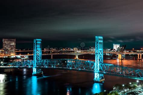 Jacksonville Florida At Night With Bridge Editorial Photography Image