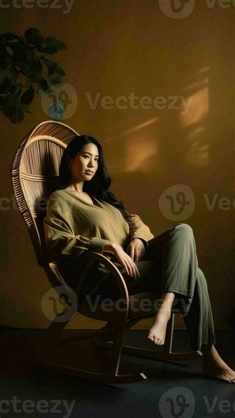Ai Generative Relaxed Calm Young Woman Lounging Sitting In Comfortable Wooden Rocking Chair