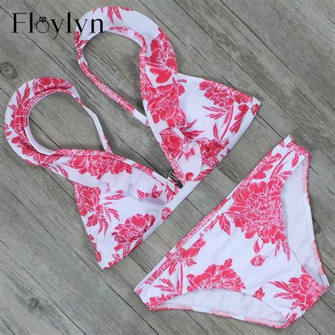 Floylyn Floral Print Triangle Push Up Bikini Set Ruffled Shoulder Strap