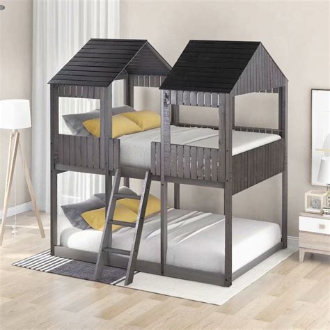 Full Over Full Low Bunk Beds Wood Bunk Beds With Roof And Guard Rail