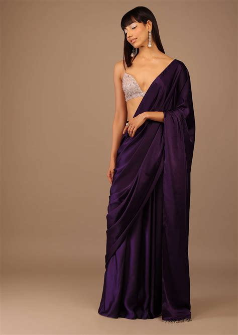 Buy Purple Satin Saree With Hand Embroidered Bustier With A Plunging Neck Line