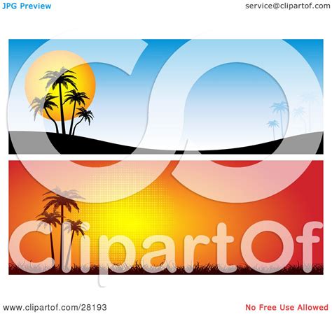 Clipart Illustration of a Set Of Two Blue And Orange Tropical Sunset Website Banners Or Headers ...