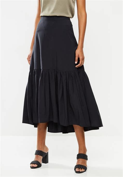 Tiered Midi Skirt With Dipped Hem Black Milla Skirts