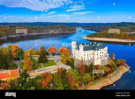 Aerial View Chateau Orlik Above Orlik Reservoir In Beautiful Autumn