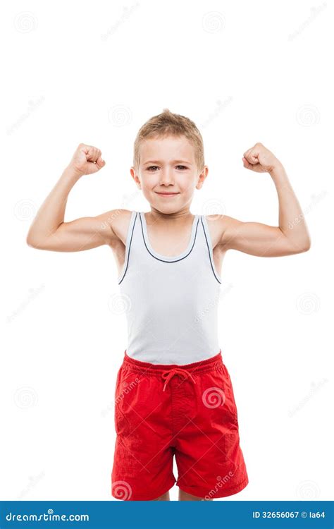 Smiling Sport Child Boy Showing Hand Biceps Muscles Strength Royalty