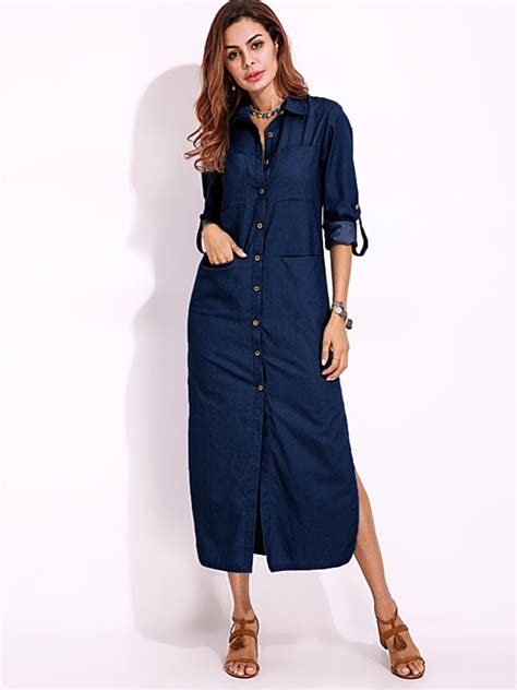 Elegant Women Turn Down Collar Long Sleeve Button Down Denim Shirt