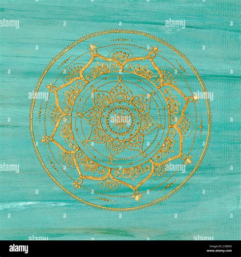 Golden Mandala On Turquoise Background Stock Photo Alamy