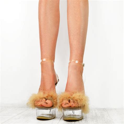 Womens High Heel Stilleto Fluffy Perspex Platform Sandals Sexy Clear