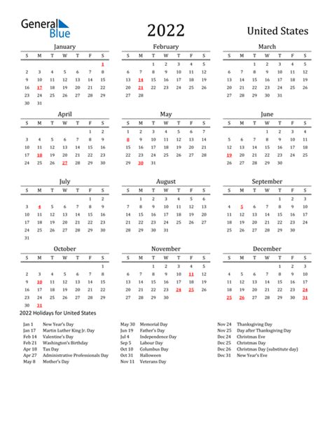 2022 Calendar With Federal Holidays Free Download Printable Calendar