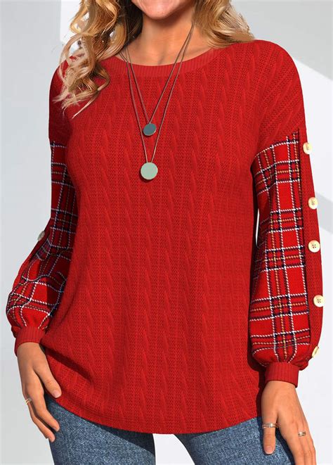 red button plaid long sleeve round neck sweatshirt usd 33 98