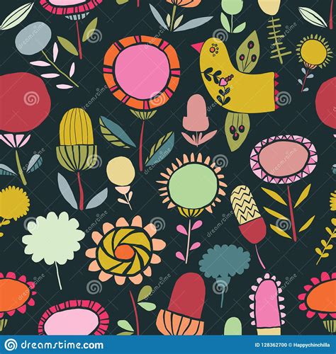 Vector Folk Floral Seamless Pattern Background Stock Vector