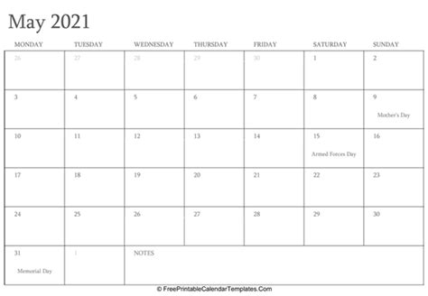 May 2021 Editable Calendar With Holidays And Notes