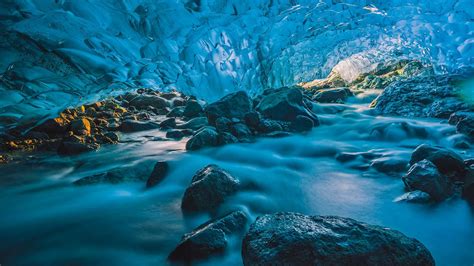 Flowing River Inside A Glacier Cave Vatnajökull Iceland Bing