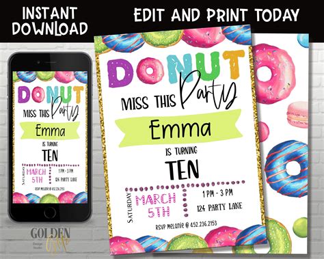 Donut Birthday Invitation Birthday Invitation Girls Doughnut Etsy