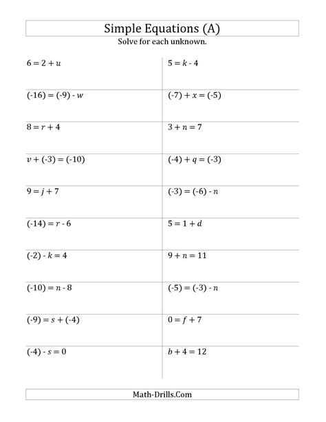 Solve One Step Equations With Smaller Values A Algebra Worksheet