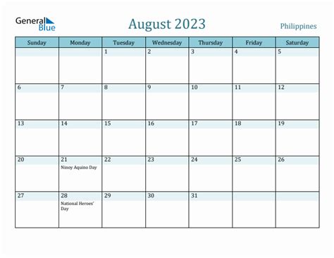 August 2023 Monthly Calendar With Philippines Holidays