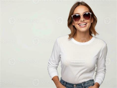 Beautiful Smiling Women Wearing Sunglasses And White Shirt On White Background Generative Ai