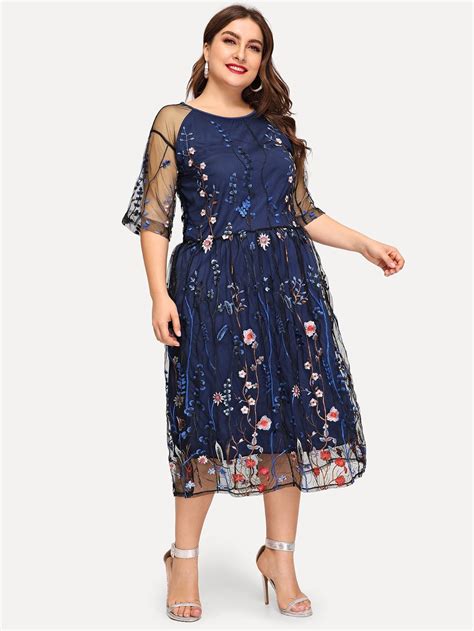 Plus Contrast Mesh Embroidery Dress Plus Size Fashion Embroidery