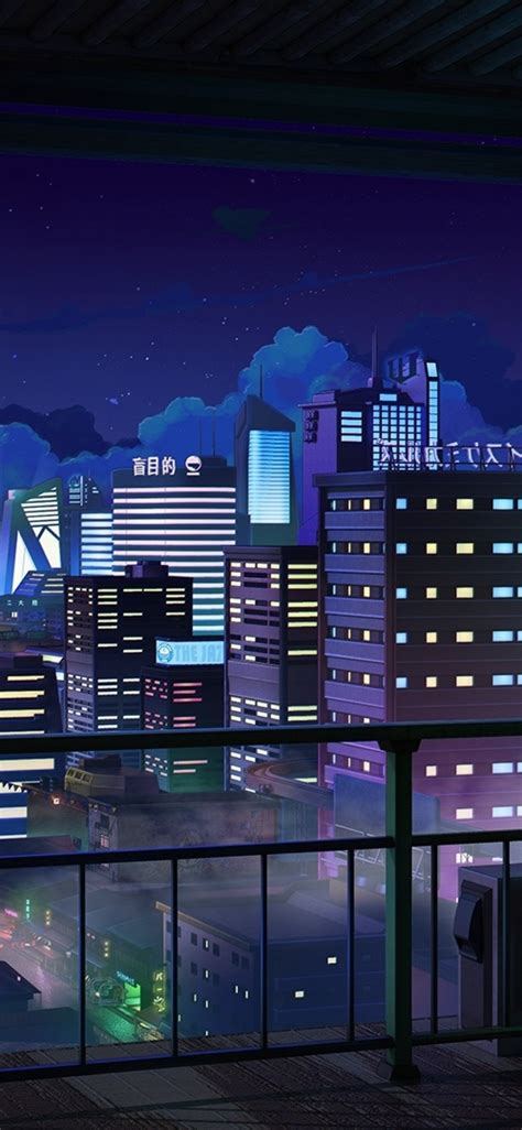 Download 1125x2436 Anime Cityscape Night Buildings Balcony Stars