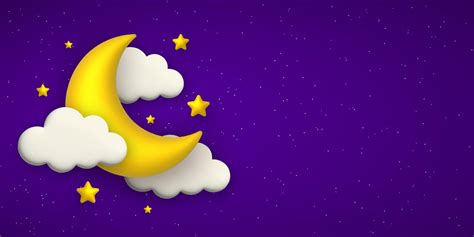 Night Sky Background With Cute 3d Clouds Golden Moon And Stars Vector