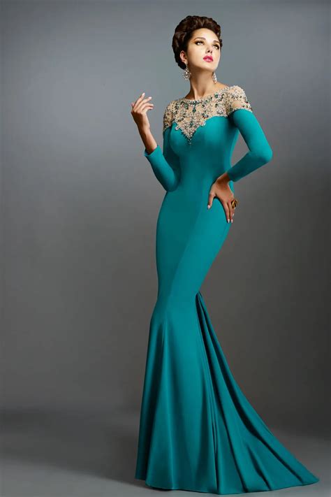 Vimans Mermaid Turquoise Evening Gowns Long Sleeve Dress 2016 New Arrival Formal Dresses Crystal