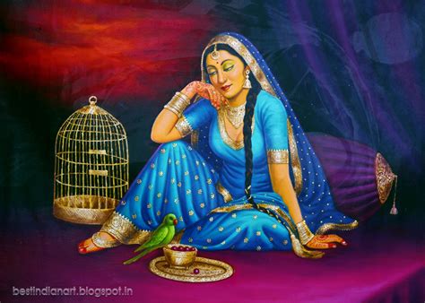 indian lady  blue blouse  skirt   parrot cute painting  indian art indian