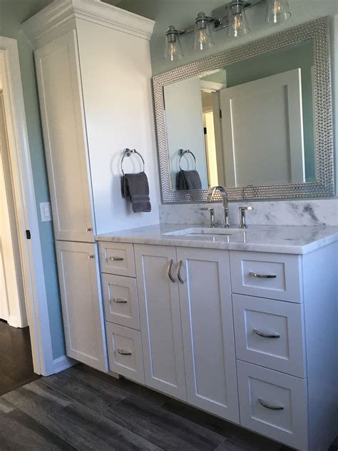 White Vanity And Linen Cabinet Bathroom Vanity Decor Full Overlay