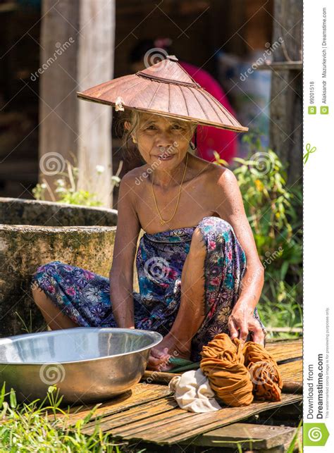 Senior Woman Doing Laundry In Hsipaw Village Myanmar