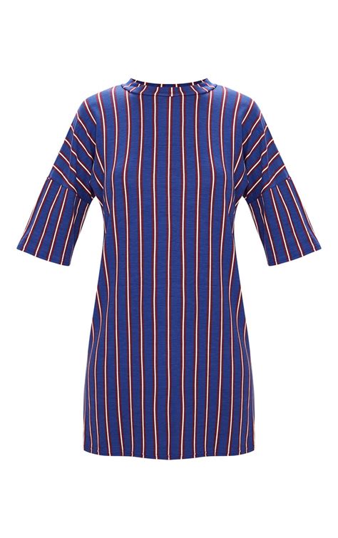 Blue Striped Oversized T Shirt Dress Prettylittlething Aus