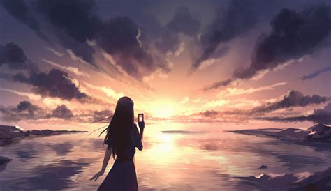 Anime Girl Taking Selfie At Sunset Hd Wallpaper