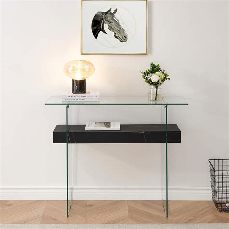 Ivinta Narrow Glass Console Table With Storage Modern Sofa Table Entry