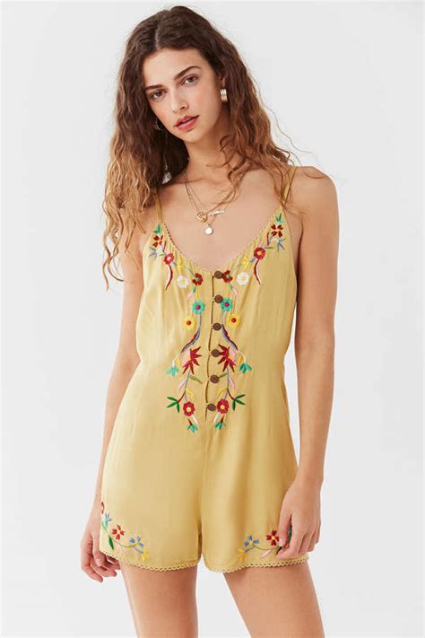 Uo Bella Embroidered Button Down Romper Urban Outfitters