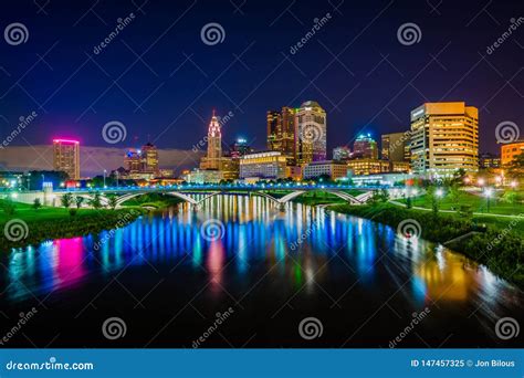 The Scioto River And Columbus Skyline At Night In Columbus Ohio