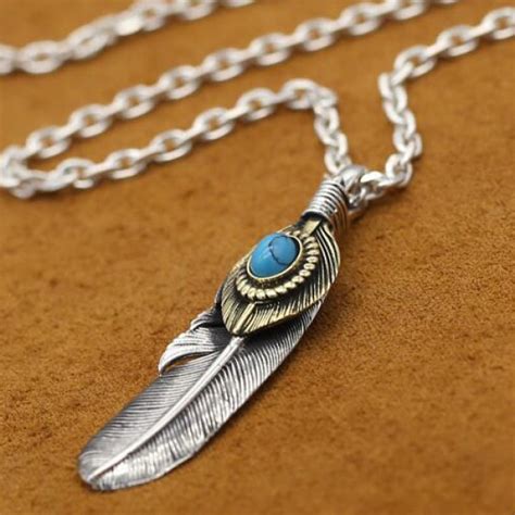 Mens Sterling Silver Turquoise Feather Pendant Necklace