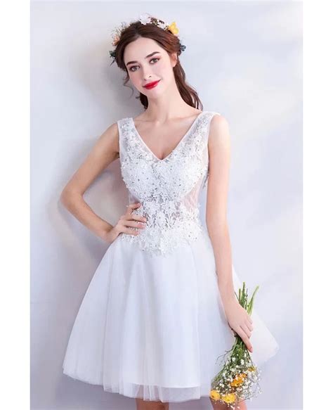 Gorgeous White Lace V Neck Short Bridal Party Dress Sleeveless