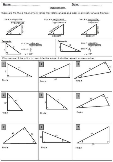 Trigonometry Worksheet 1 Answers