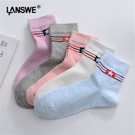 Lanswe 6pairslot Women Combed Cotton Soft Socks Character Star Female Cute Socks Candy Color
