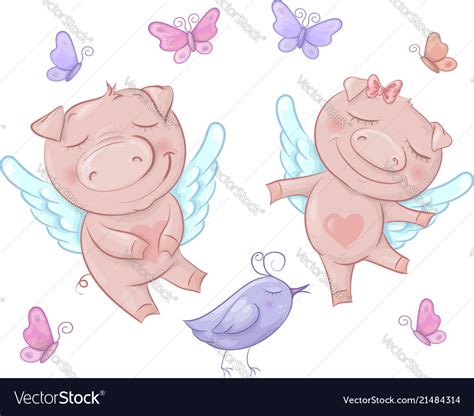 Cute Pigs Angels In Cartoon Style Funny Royalty Free Vector