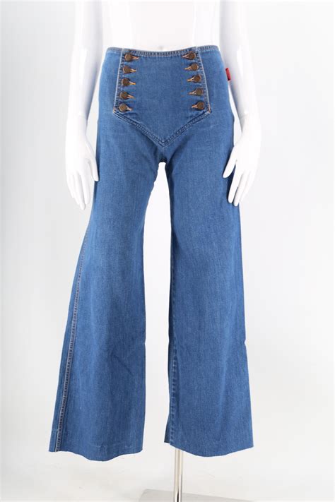 70s Chemin De Fer High Waisted Sailor Style Bell Bottoms 26 Vintage 1970s Wide Leg Jeans