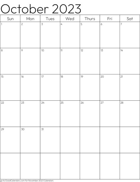 Standard October 2023 Calendar Template In Portrait