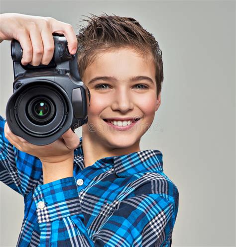 Boy With Photo Camera Taking Pictures Stock Image Image Of Camera