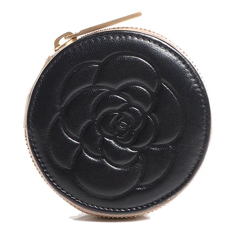Chanel Lambskin Round Camellia Cc Coin Purse Black 81801