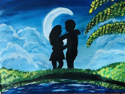 Romantic Couple In Moonlight Using Acrylics Painting Romantic