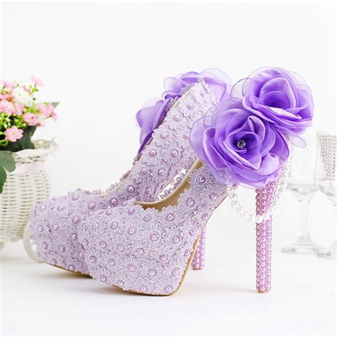 Romantic Purple Super High Heel Wedding Shoes Beautiful Lace Handmade