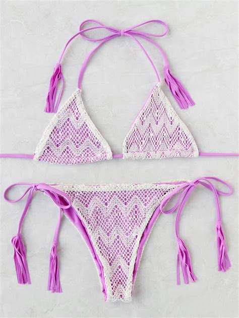 Shop Purple Lace Design Side Tie Triangle Bikini Set Online Shein Offers Purple Lace Design