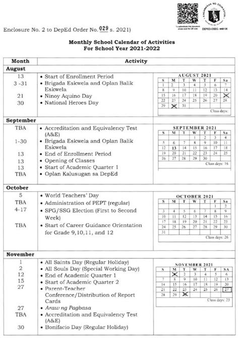 Monthly School Calendar Of Activities Sy 2021 2022 Teachers Click