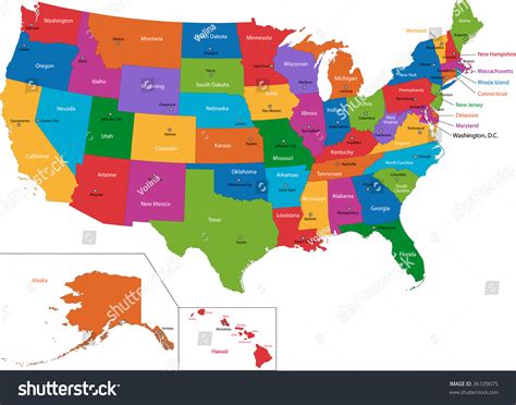 Colorful Usa Map States Capital Cities Stock Illustration 36109075