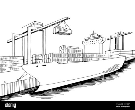 port loading dry cargo ship graphic black white sea landscape sketch illustration vector stock