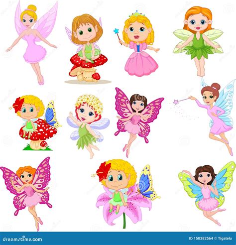 Set Of Cute Beautiful Fairies Cartoon Isolated On A White Background