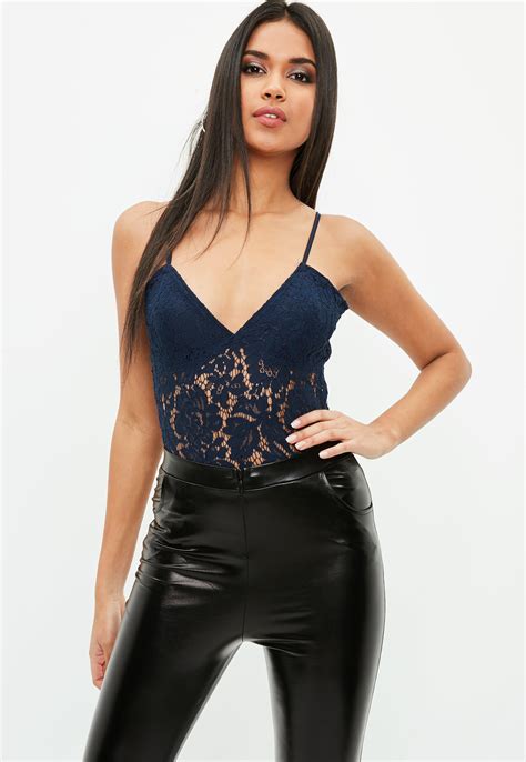 Lyst Missguided Navy Lace V Neck Bodysuit In Blue